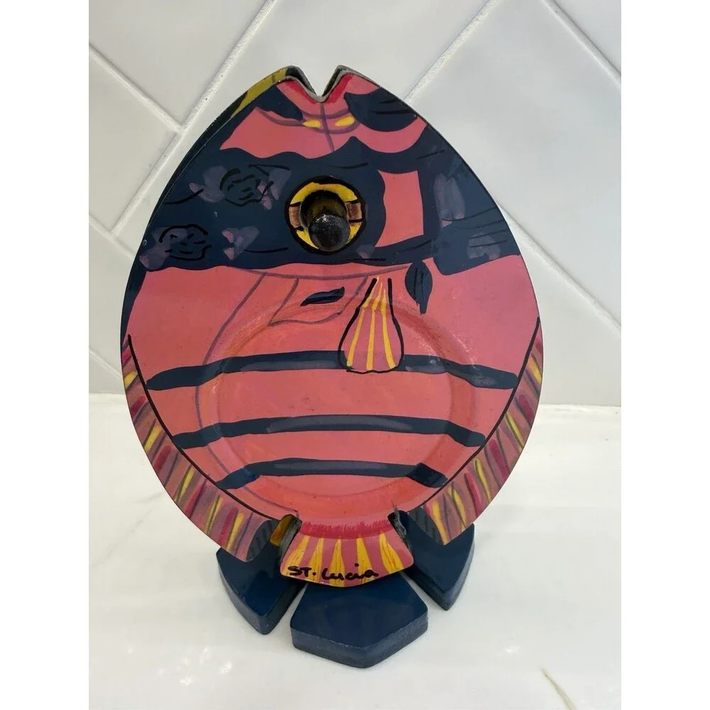 Hand Painted St. Lucia Fish Coaster Set w/ Wooden Fish Holder Caribbean Decor